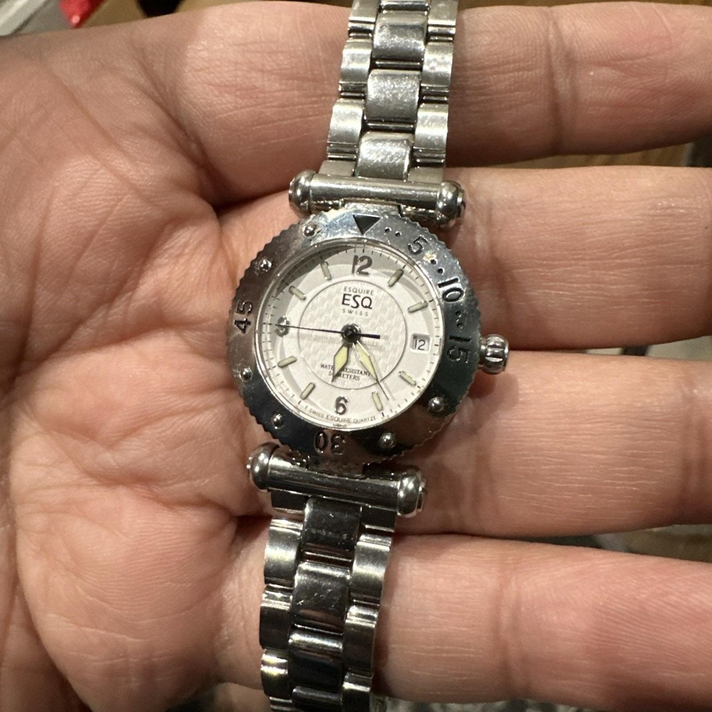 Working ESQ Esquire Swiss 100454 Quartz Steel Silver Date Ladies Watch 25mm 6.5"